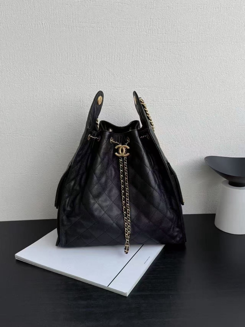 CHANEL Black Quilted Leather Drawstring Chain Bucket Bag